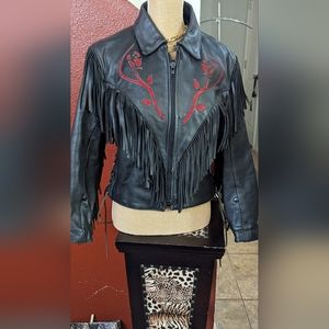 Vintage Black leather motorcycle jacket with leather fringe and red embroidered